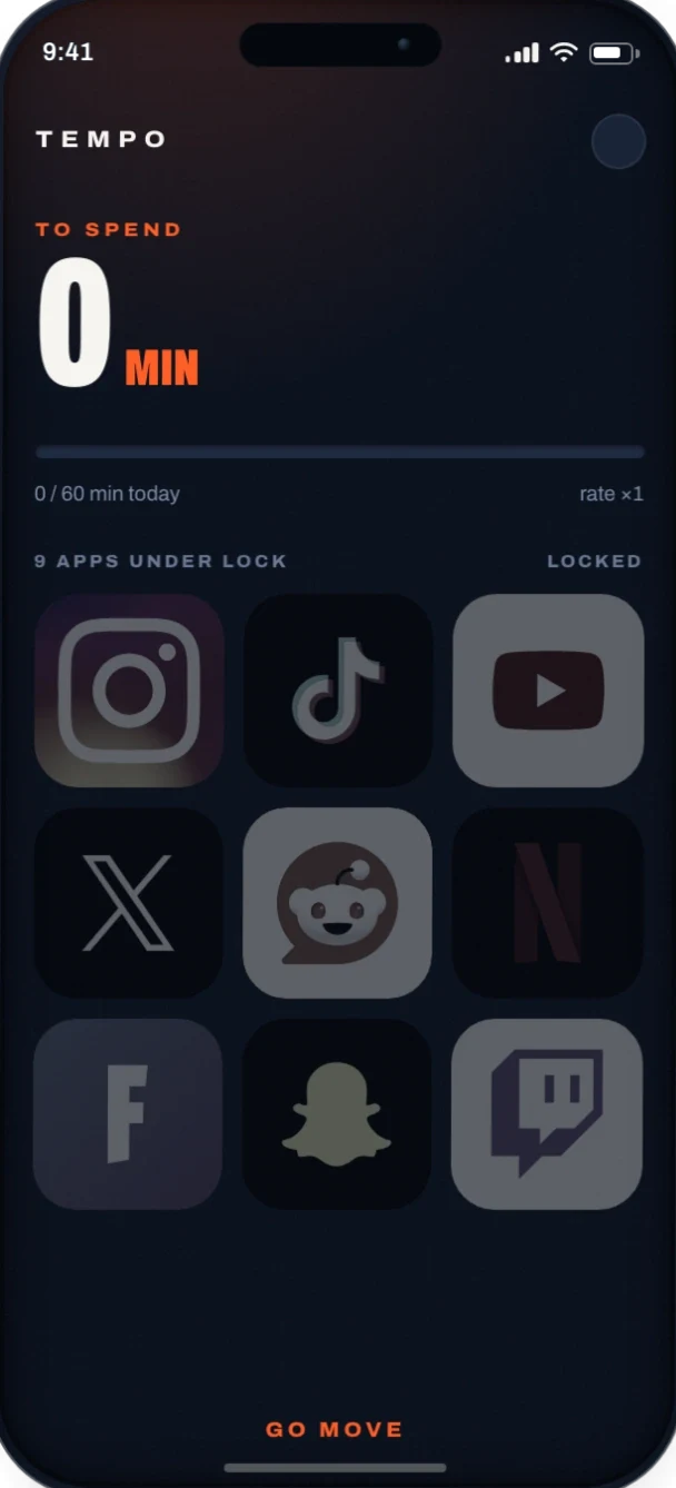 Tempo on iPhone — the balance of screen minutes earned from workouts